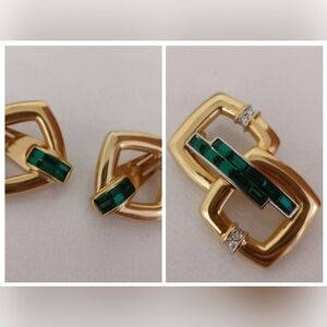 🇨🇦 Vintage Unsigned Les Bernard Gold Tone Emerald Crystal Earrings & Pin Set